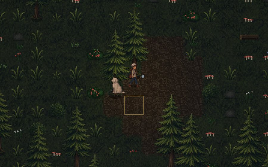 Dichter Wald bei Tagesanbruch, Spielfigur mit Hund